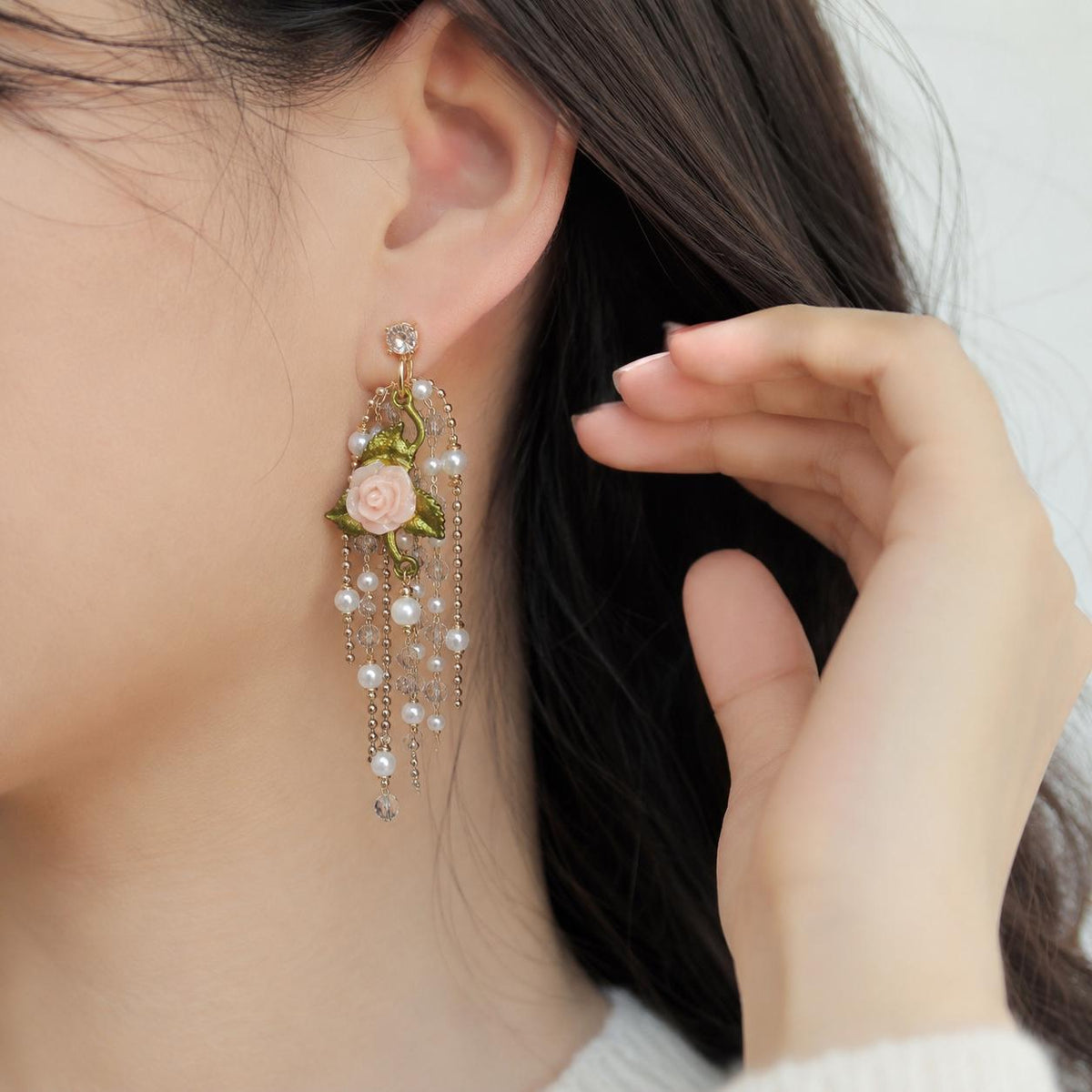 Pink Rose Flower Chandelier Earrings, Pearl Tassel Dangle Earrings, Victorian Garden Statement Jewelry, Romantic Gift for Her