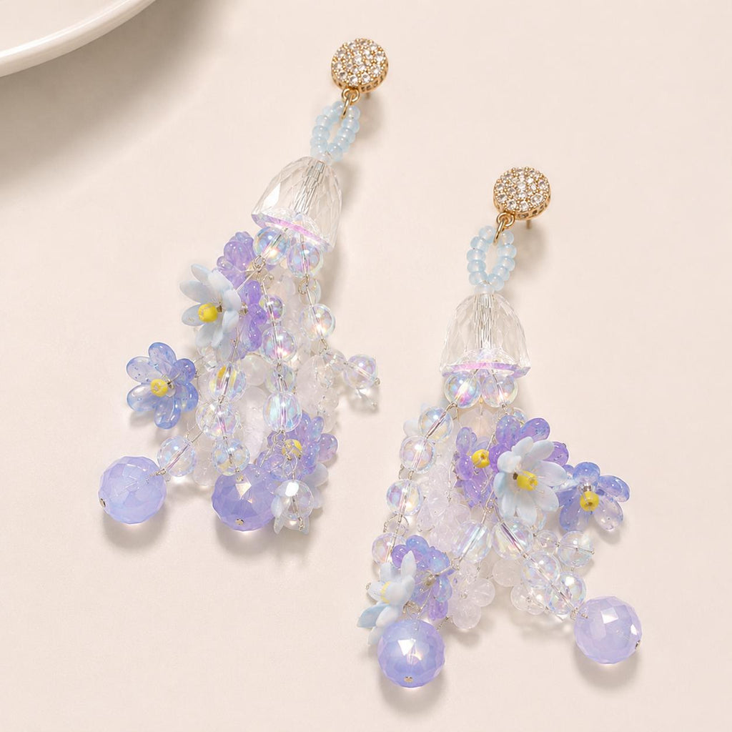 Pastel Blue Forget Me Not Chandelier Earrings, 3D Acrylic Flower Tassel Dangle