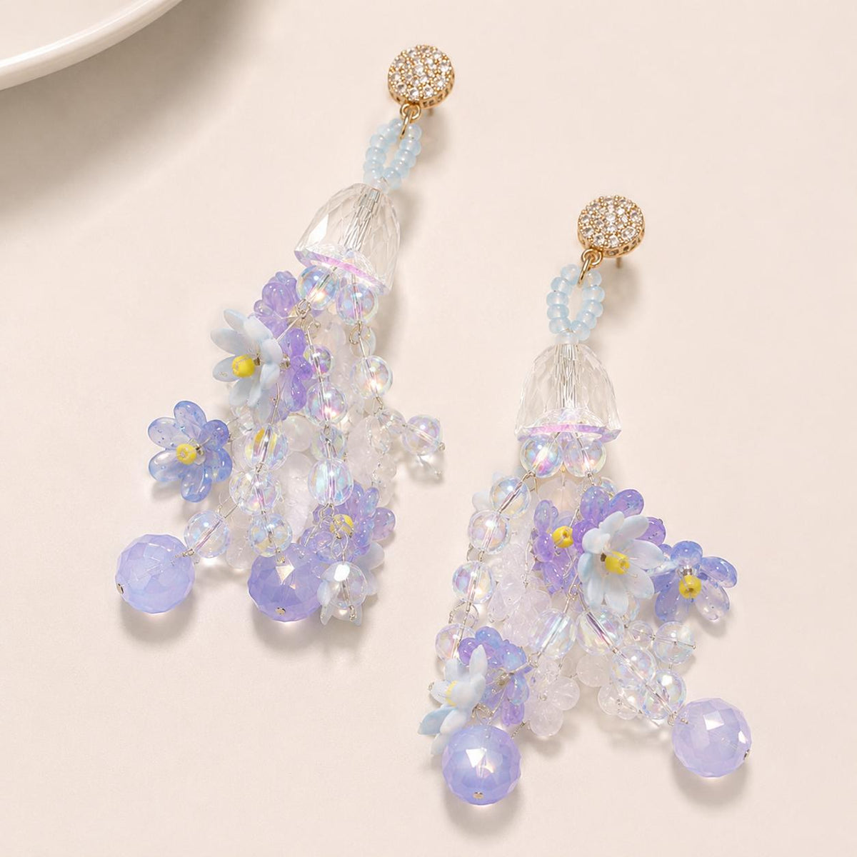 Pastel Blue Forget Me Not Chandelier Earrings, 3D Acrylic Flower Tassel Dangle