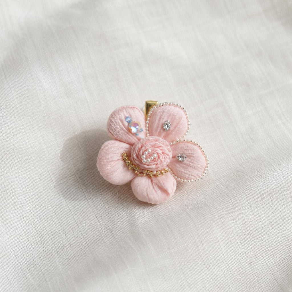 Pink Fabric Flower Hair Clip, Pleated Floral Barrette, Pearl Crystal Coquette Hair Accessory, Gift for Her