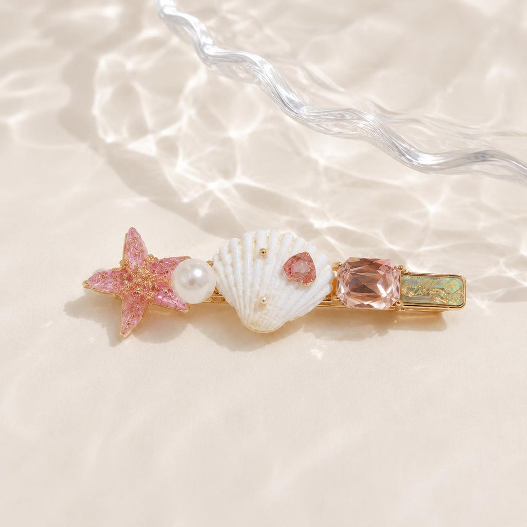 Pink Starfish Hair Clip, White Sea Shell Barrette, Pastel Mermaidcore Alligator Pinch, Whimsical Coastal Beach Vacation Accessories