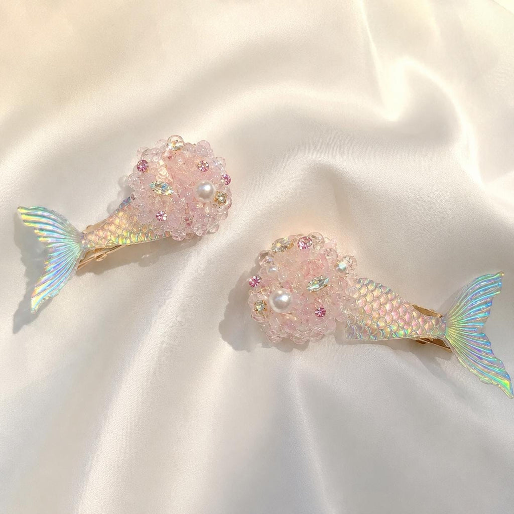 Pink Mermaid Tail Clips, Iridescent Fish Tail Barrette Set, Beaded Pearl Alligator Pinch, Whimsical Coastal Ocean Vacation Accessories