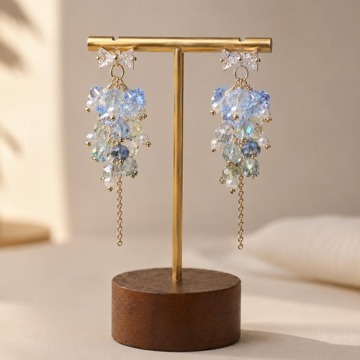 Light Blue Crystal Cluster Earrings, Rhinestone Bowknot Studs, Pearl Tassel Jewelry