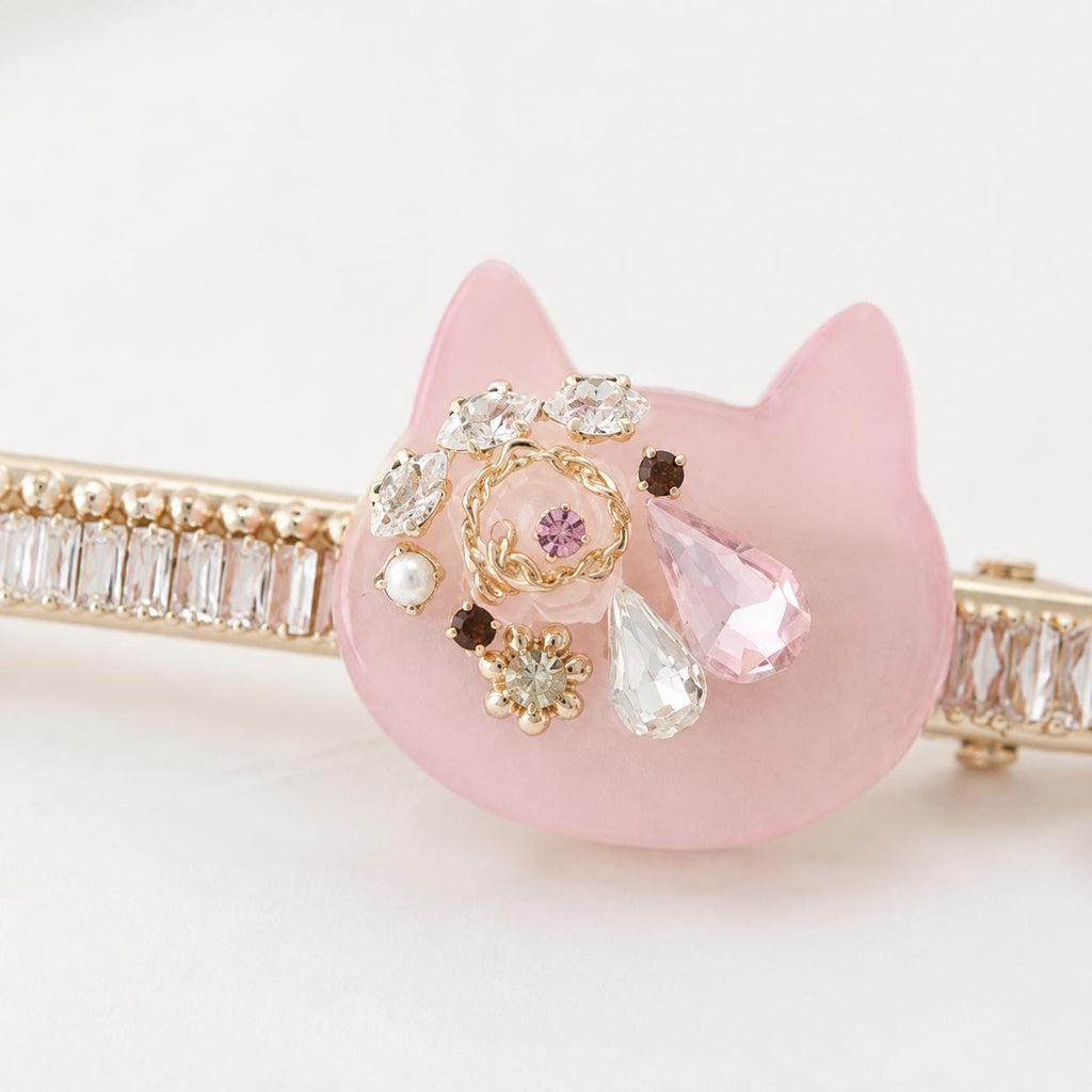 Pink Cat Resin Barrette, Baguette Crystal Hair Clip, Whimsical Kawaii Coquette Accessory