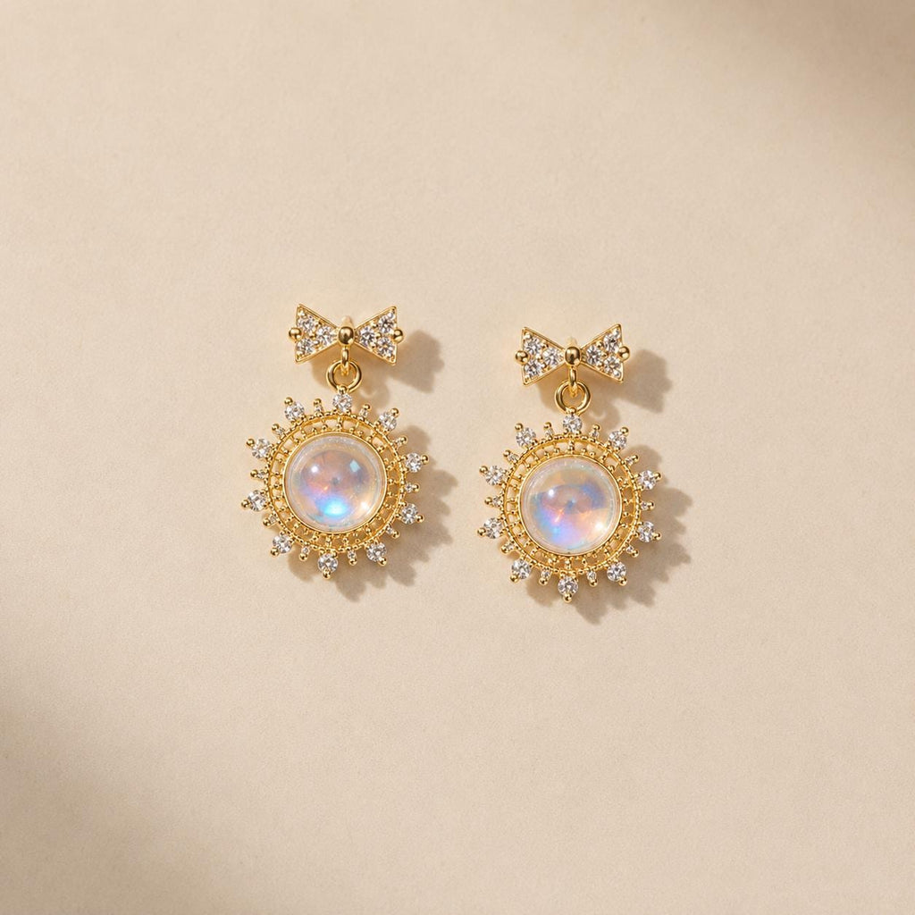 Iridescent Aurora Cabochon Earrings, Gold Bow Stud Earrings, Celestial Sunburst Statement Jewelry, Witchy Gift for Her