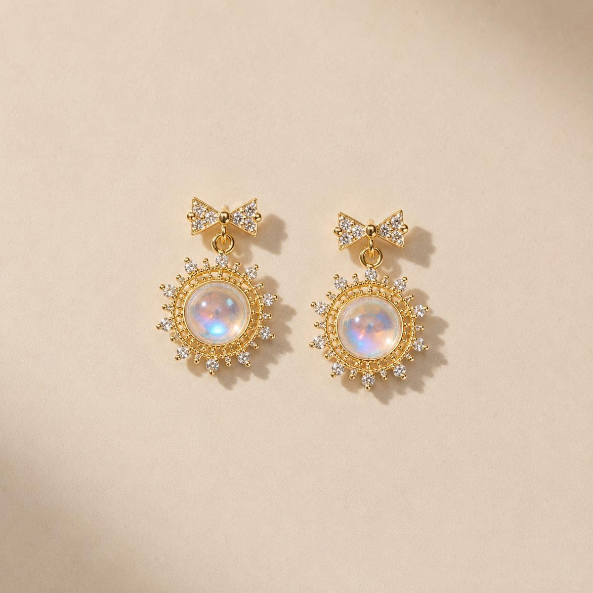 Iridescent Aurora Cabochon Earrings, Gold Bow Stud Earrings, Celestial Sunburst Statement Jewelry, Witchy Gift for Her