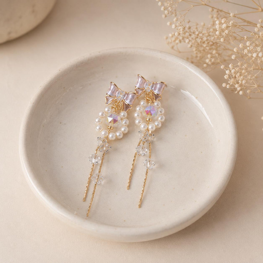 Pearl Bowknot Tassel Earrings, Aurora Crystal Dangle, French Balletcore Ribbon Jewelry