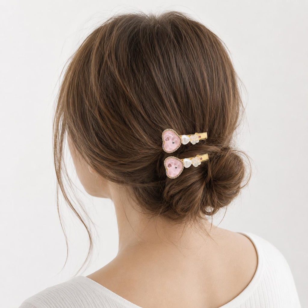 Pink Resin Heart Hair Clips, AB Rhinestone Bow Barrette Set, Pastel Butterfly Pearl Pinch