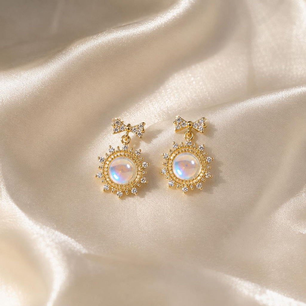 Iridescent Aurora Cabochon Earrings, Gold Bow Stud Earrings, Celestial Sunburst Statement Jewelry, Witchy Gift for Her
