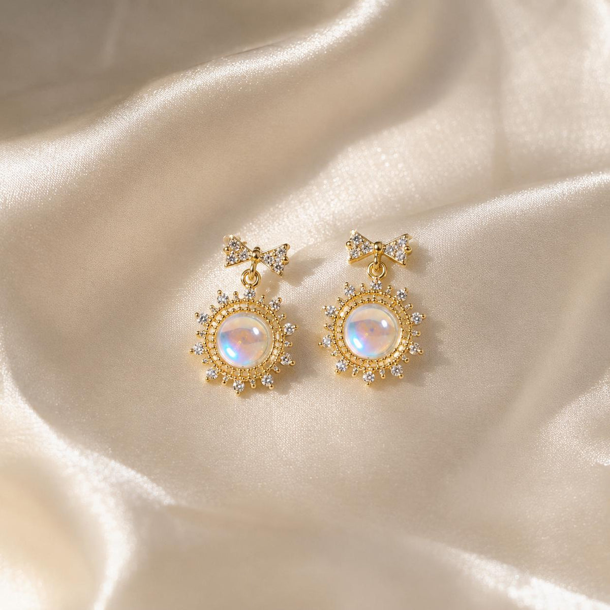 Iridescent Aurora Cabochon Earrings, Gold Bow Stud Earrings, Celestial Sunburst Statement Jewelry, Witchy Gift for Her