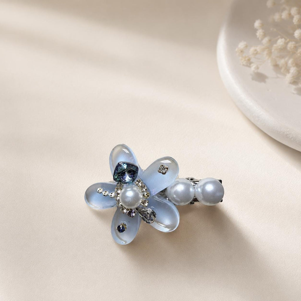 Frosted Resin Flower Hair Clip, Pearl Crystal Embellished Barrette, Coquette Floral Hair Accessory, Gift for Her
