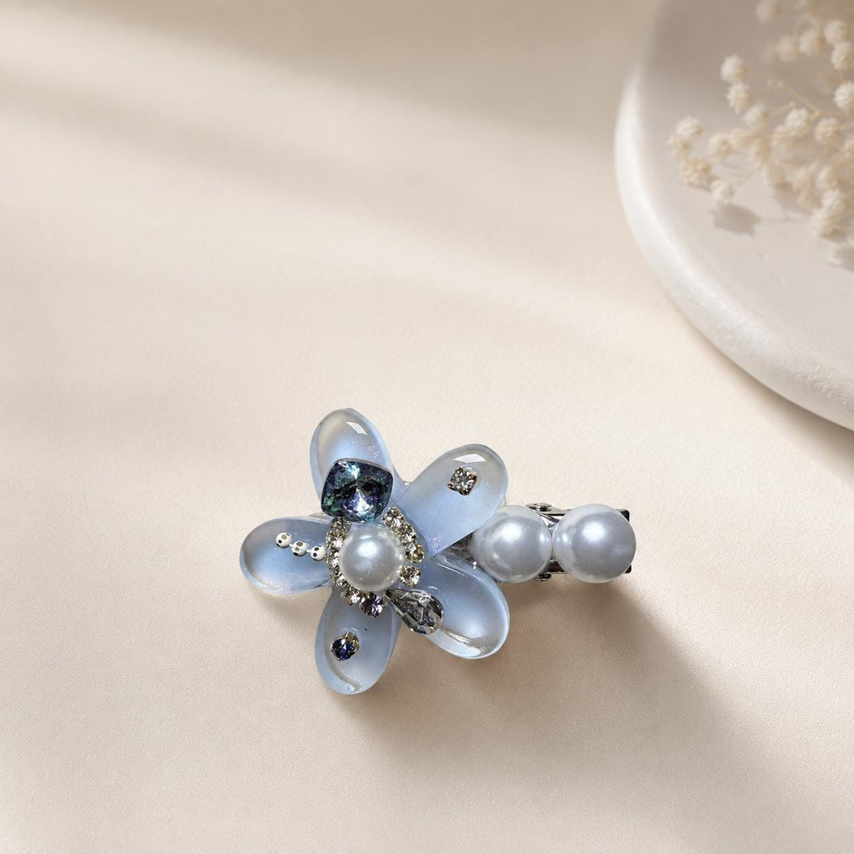 Frosted Resin Flower Hair Clip, Pearl Crystal Embellished Barrette, Coquette Floral Hair Accessory, Gift for Her