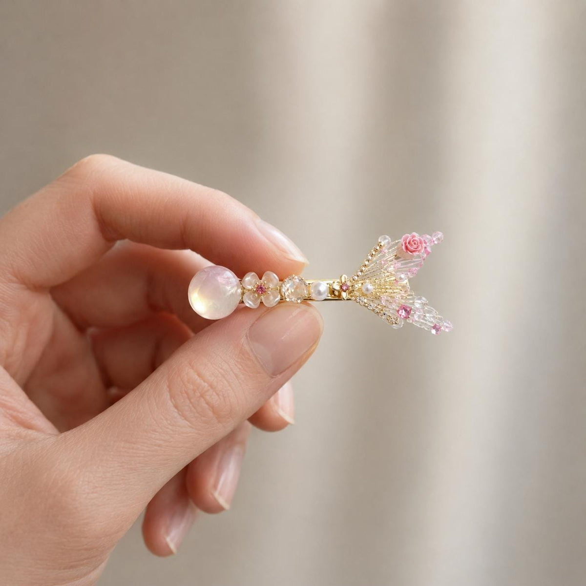 Mermaid Tail Hair Clip, Pink Rose Crystal Barrette, Aurora Coquette Hair Accessory, Cute Gift for Her