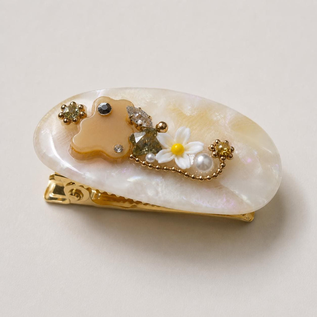 Cream Shell Flower Hair Clip, Marble Acetate Barrette, Beige Bear Crystal Alligator Clip, Cute Hair Accessory, Gift for Her