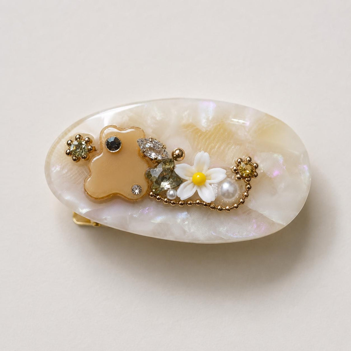 Cream Shell Flower Hair Clip, Marble Acetate Barrette, Beige Bear Crystal Alligator Clip, Cute Hair Accessory, Gift for Her