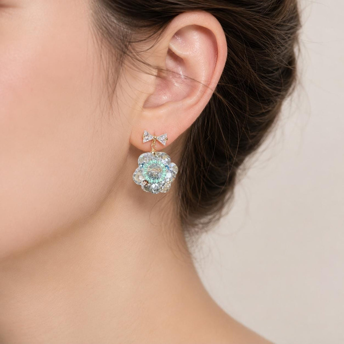 Ice Blue Beaded Blossom Earrings, Gold Bow Stud Earrings, Pastel Coquette Flower Dangles, Whimsical Statement Jewelry, Gift for Her