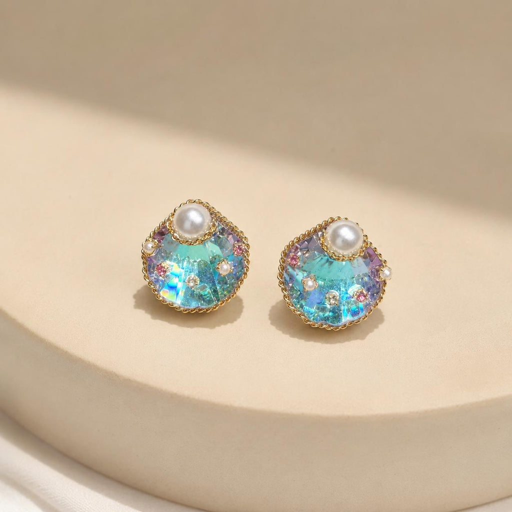 Holographic Seashell Dangle Earrings, Pearl Aurora Glass Earrings, Mermaidcore Ocean Jewelry, Gift for Her
