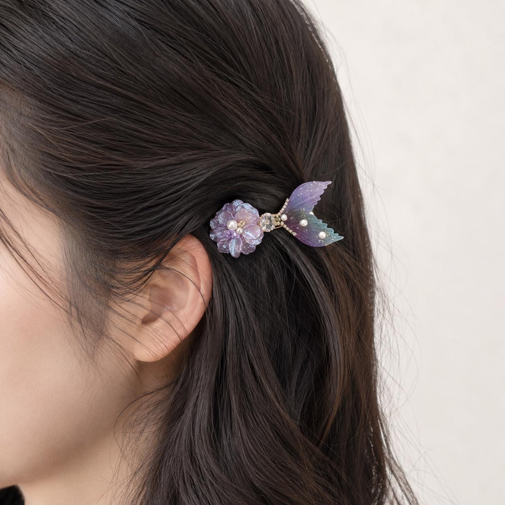Purple Mermaid Tail Hair Clip, Flower Fish Tail Barrette, Iridescent Pearl Alligator Pinch, Whimsical Pastel Coastal Ocean Hair Accessories