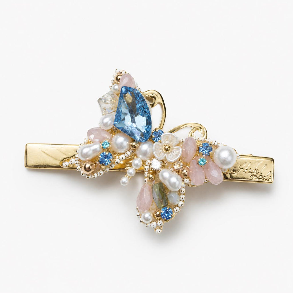 Blue Crystal Butterfly Hair Clip, Pastel Floral Fairycore Barrette, Whimsical Elven Accessory