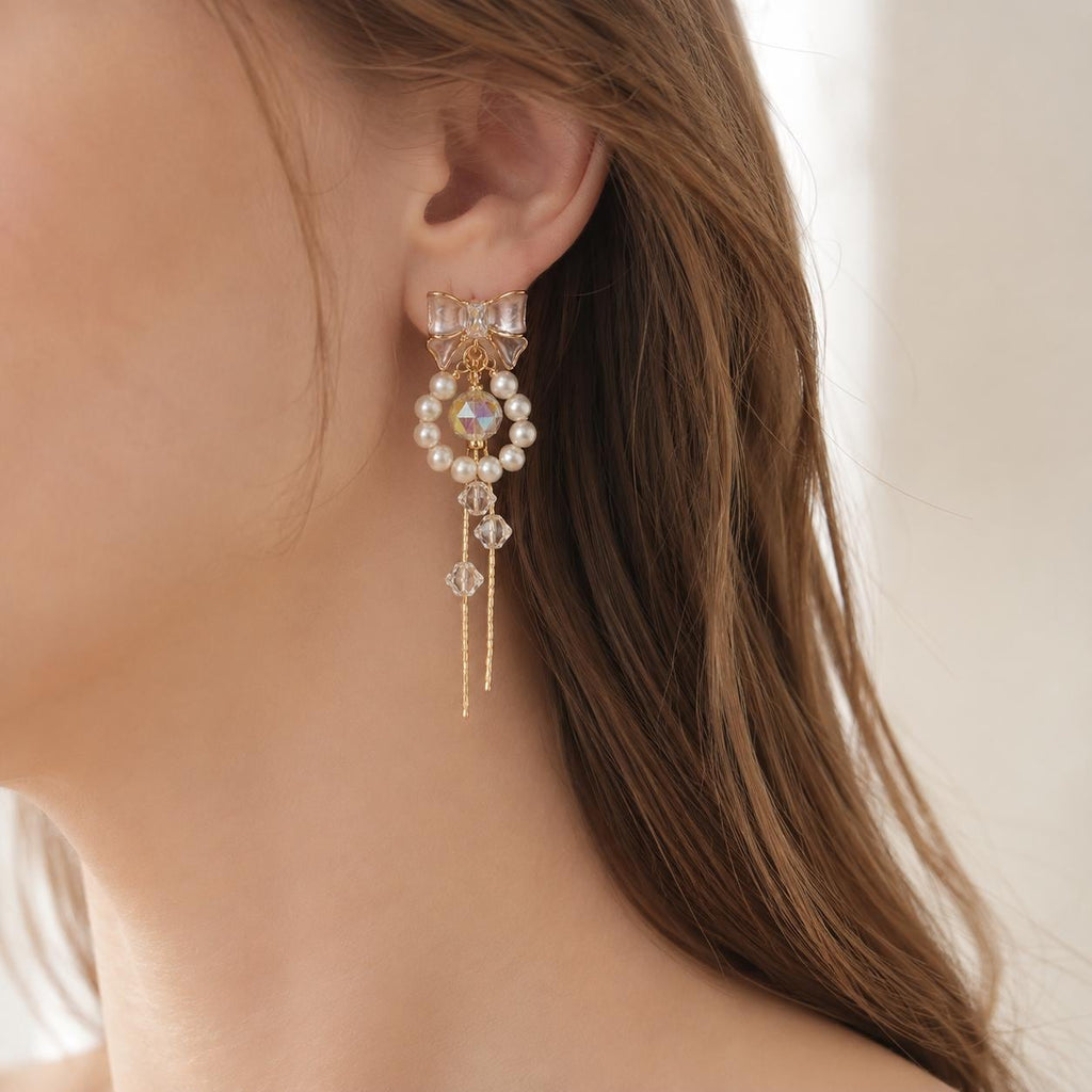 Pearl Bowknot Tassel Earrings, Aurora Crystal Dangle, French Balletcore Ribbon Jewelry