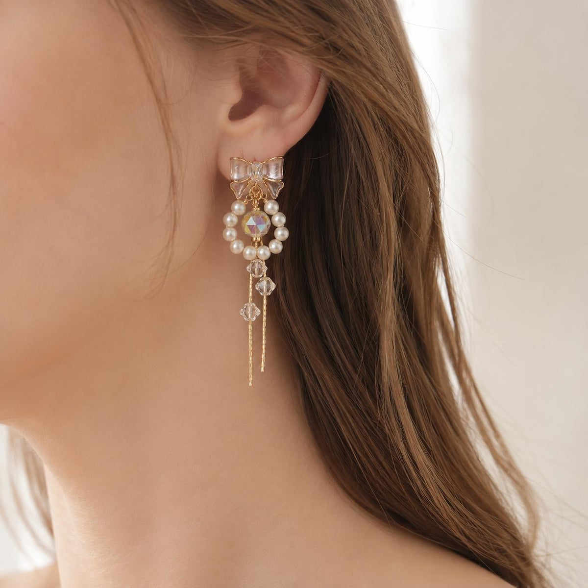 Pearl Bowknot Tassel Earrings, Aurora Crystal Dangle, French Balletcore Ribbon Jewelry