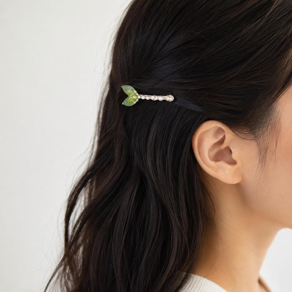 Lime Green Mermaid Tail Hair Clip, Glitter Fish Tail Barrette, Chrysolite Crystal Alligator Pinch, Whimsical Coastal Ocean Jewelry