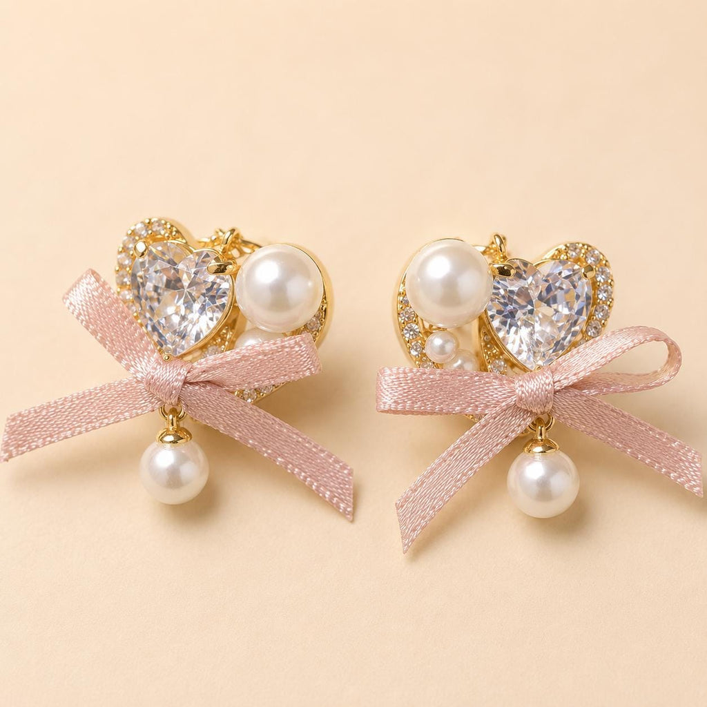 Pink Ribbon Bow Heart Earrings, Crystal Pearl Drop Earrings, Cute Balletcore Coquette Jewelry, Romantic Gift for Her