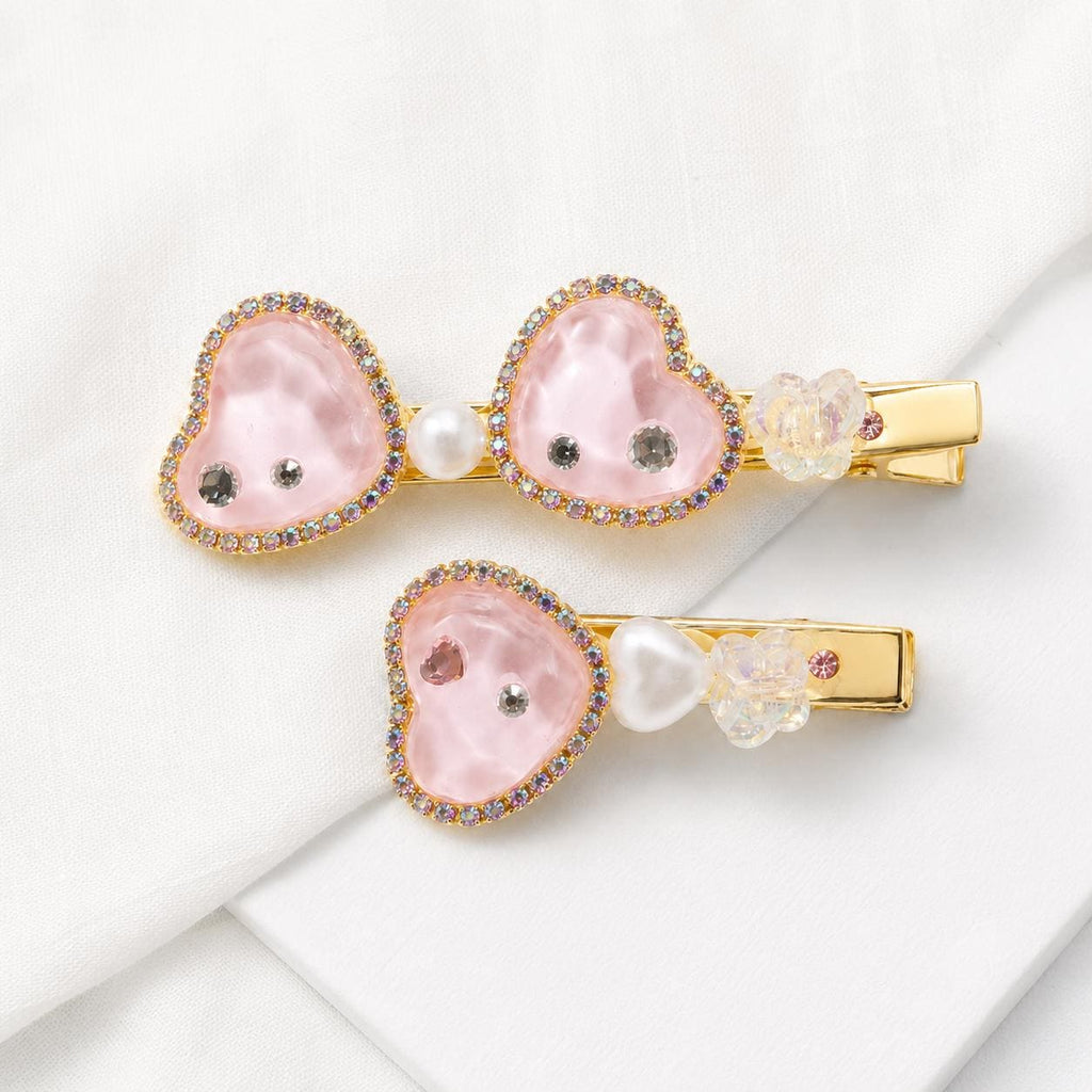 Pink Resin Heart Hair Clips, AB Rhinestone Bow Barrette Set, Pastel Butterfly Pearl Pinch