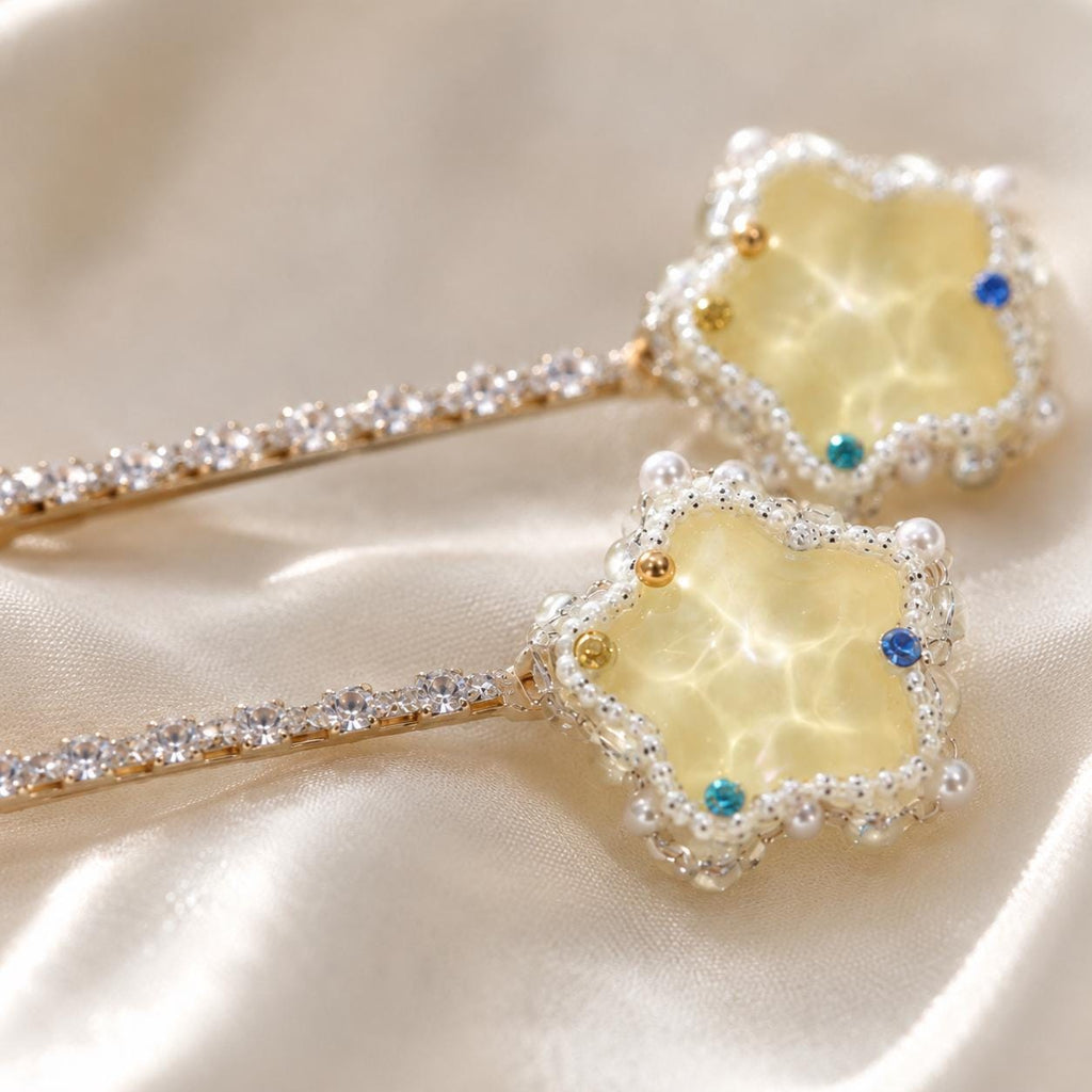 Yellow Star Hair Clips, Crystal Bobby Pin Set, Pastel Acetate Starburst Barrette, Whimsical Y2K Celestial Preppy Hair Accessories
