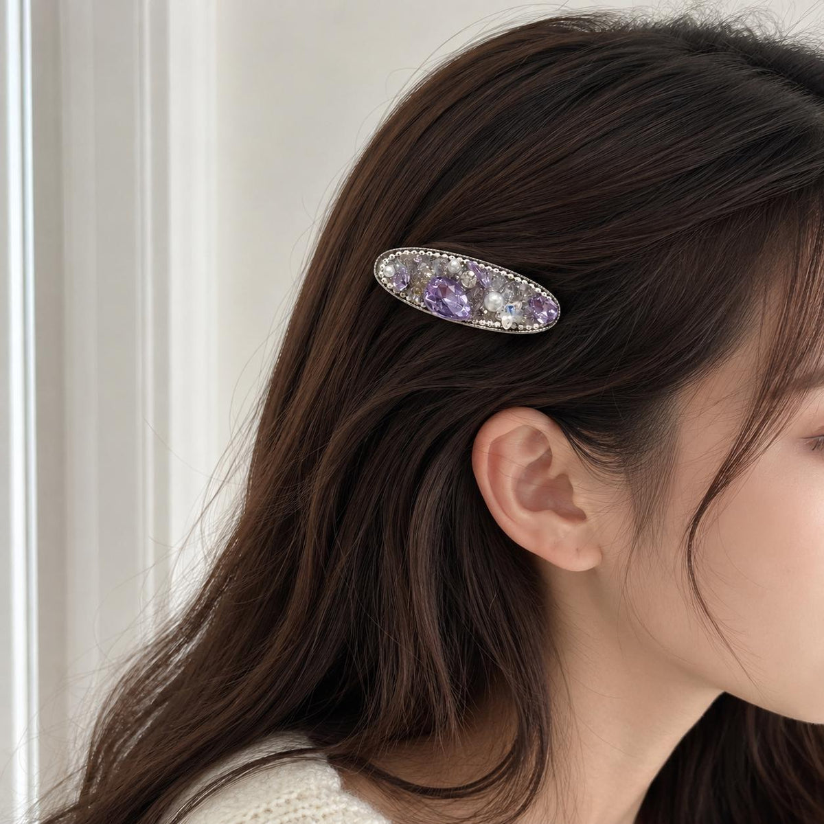 Purple Crystal Barrette, Amethyst Resin Hair Clip, Oval Silver Mosaic Alligator Pinch, Whimsical Vintage Elven Fairycore Hair Accessories