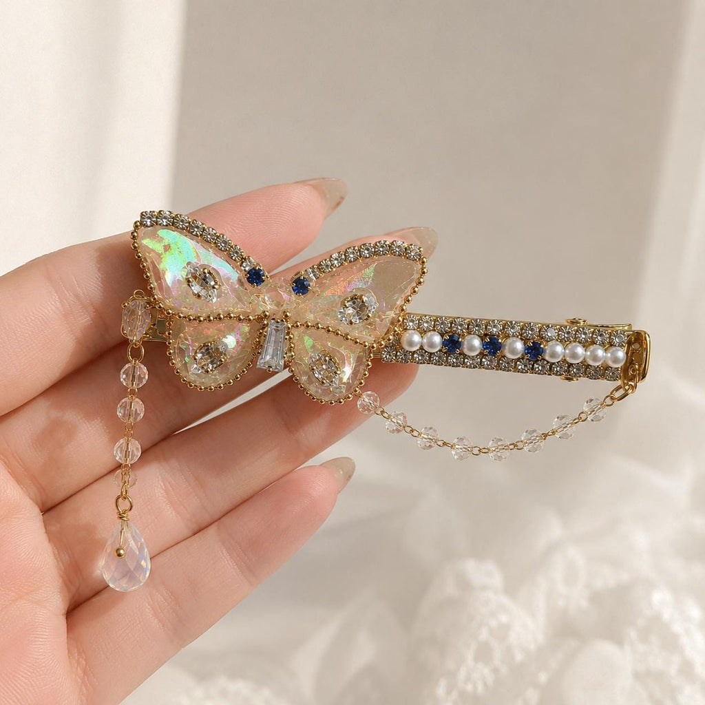 Aurora Butterfly Hair Clip, Royal Blue Crystal Barrette, Pearl Chain Fairycore Hair Accessory, Gift for Her