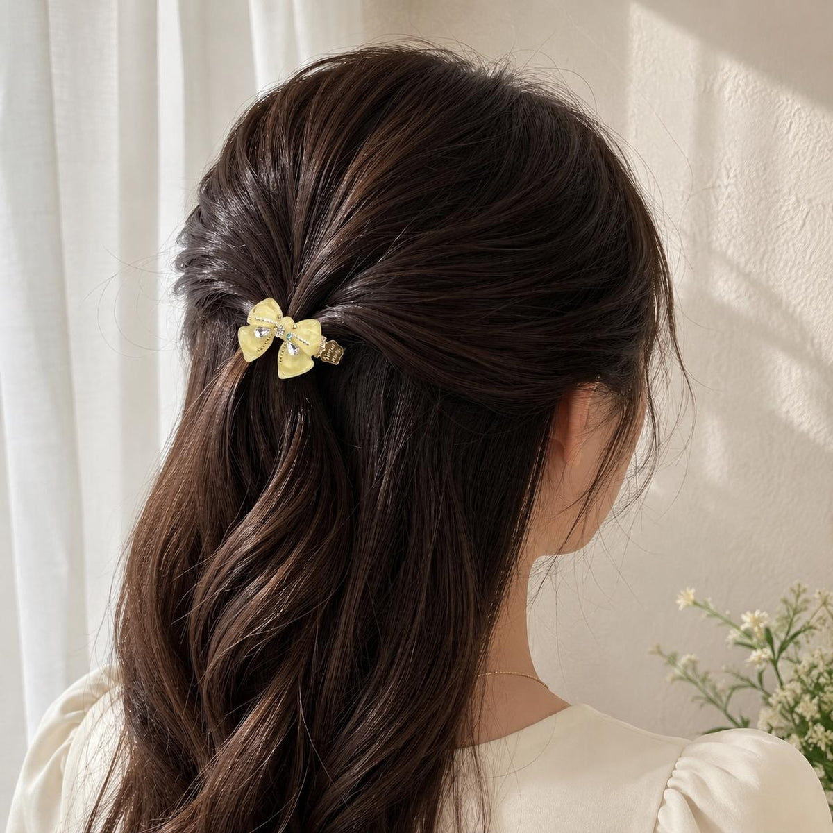 Yellow Bow Hair Clip, Marble Acetate Ribbon Barrette, Crystal Teardrop Alligator Pinch, Whimsical Y2K Coquette Preppy Hair Accessories