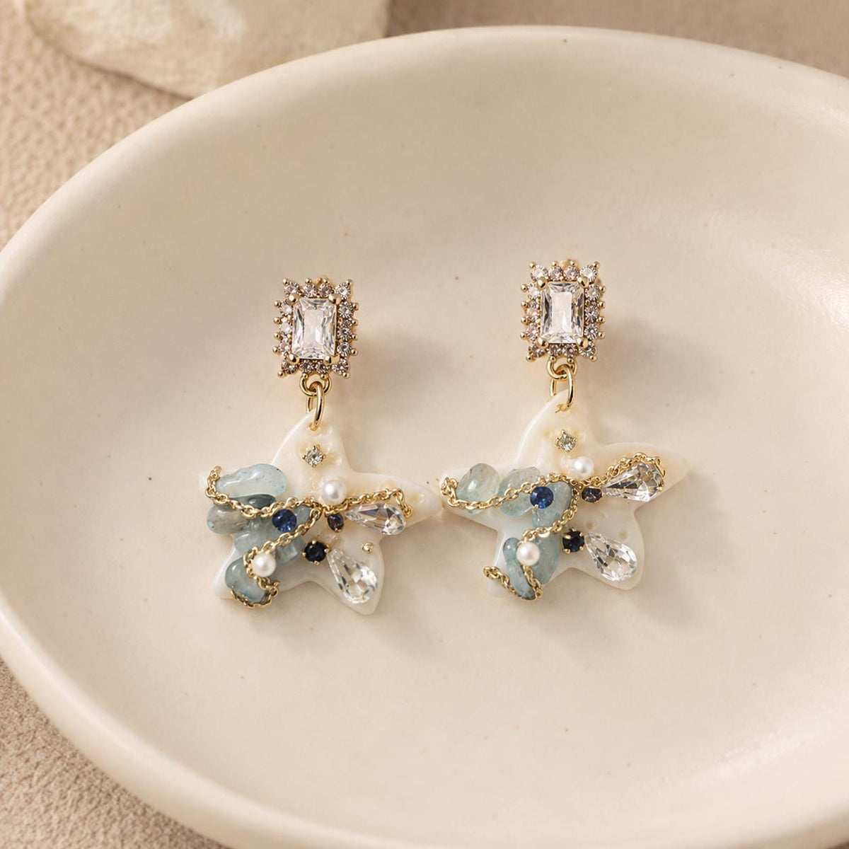 Starfish Pearl Drop Earrings, Emerald Crystal Stud Earrings, Aquamarine Ocean Inspired Jewelry, Beach Gift for Her