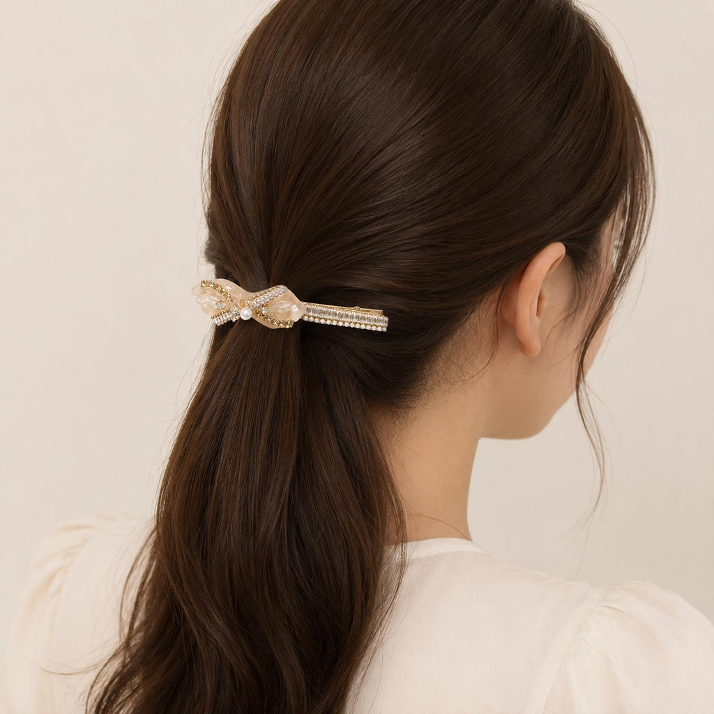Champagne Shimmer Bow Hair Clip, Baguette Crystal Pearl Barrette, Balletcore Coquette Hair Accessory, Gift for Her