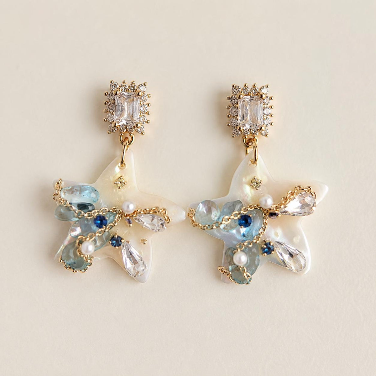 Starfish Pearl Drop Earrings, Emerald Crystal Stud Earrings, Aquamarine Ocean Inspired Jewelry, Beach Gift for Her