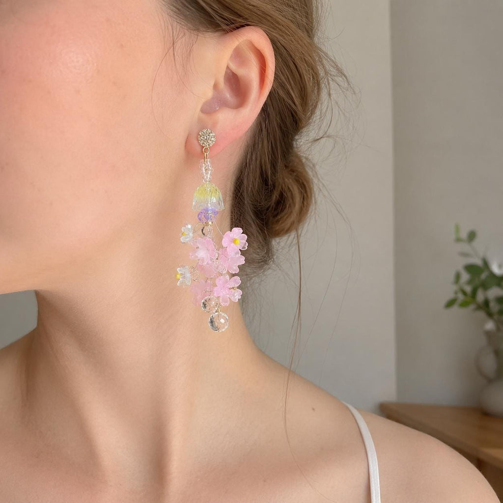 Pink Sakura Flower Dangle Earrings, 3D Acrylic Cherry Blossom Earrings, Fairycore Crystal Statement Earrings, Gift for Her