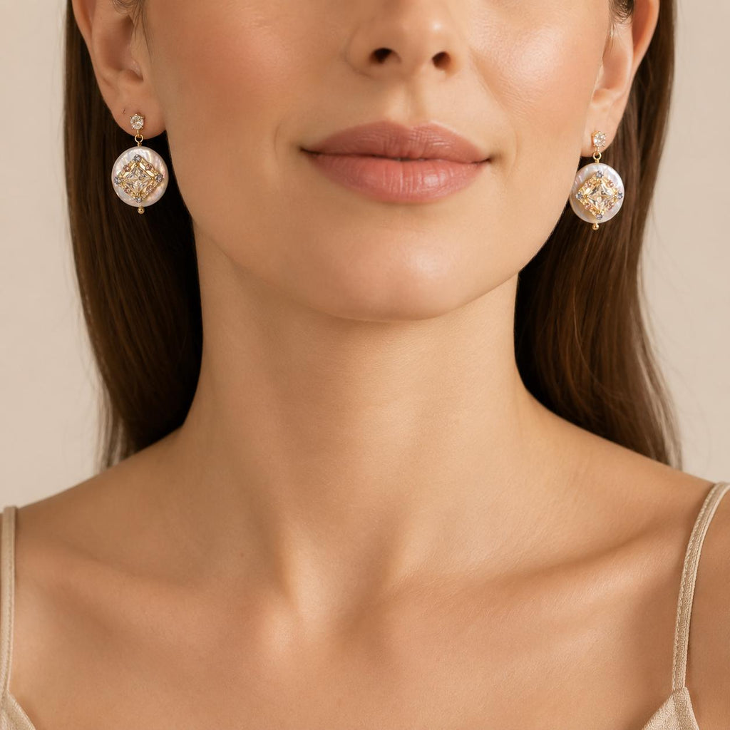 Gold Byzantine Pearl Stud Earrings, Lavender and Pink Crystal Halo Dangles, Art Deco Geometric Statement Jewelry, Gift for Her