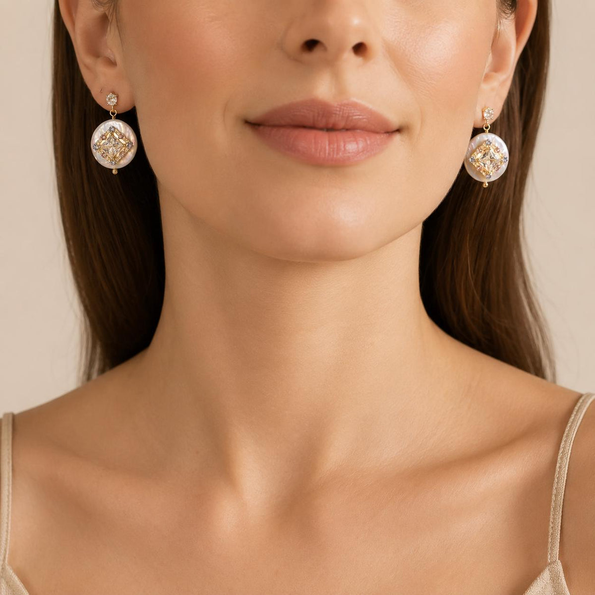 Gold Byzantine Pearl Stud Earrings, Lavender and Pink Crystal Halo Dangles, Art Deco Geometric Statement Jewelry, Gift for Her