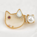 Cream Marble Cat Hair Clip, Opal Crystal Moon, Gold Chain Border, Pearl Alligator Pinch
