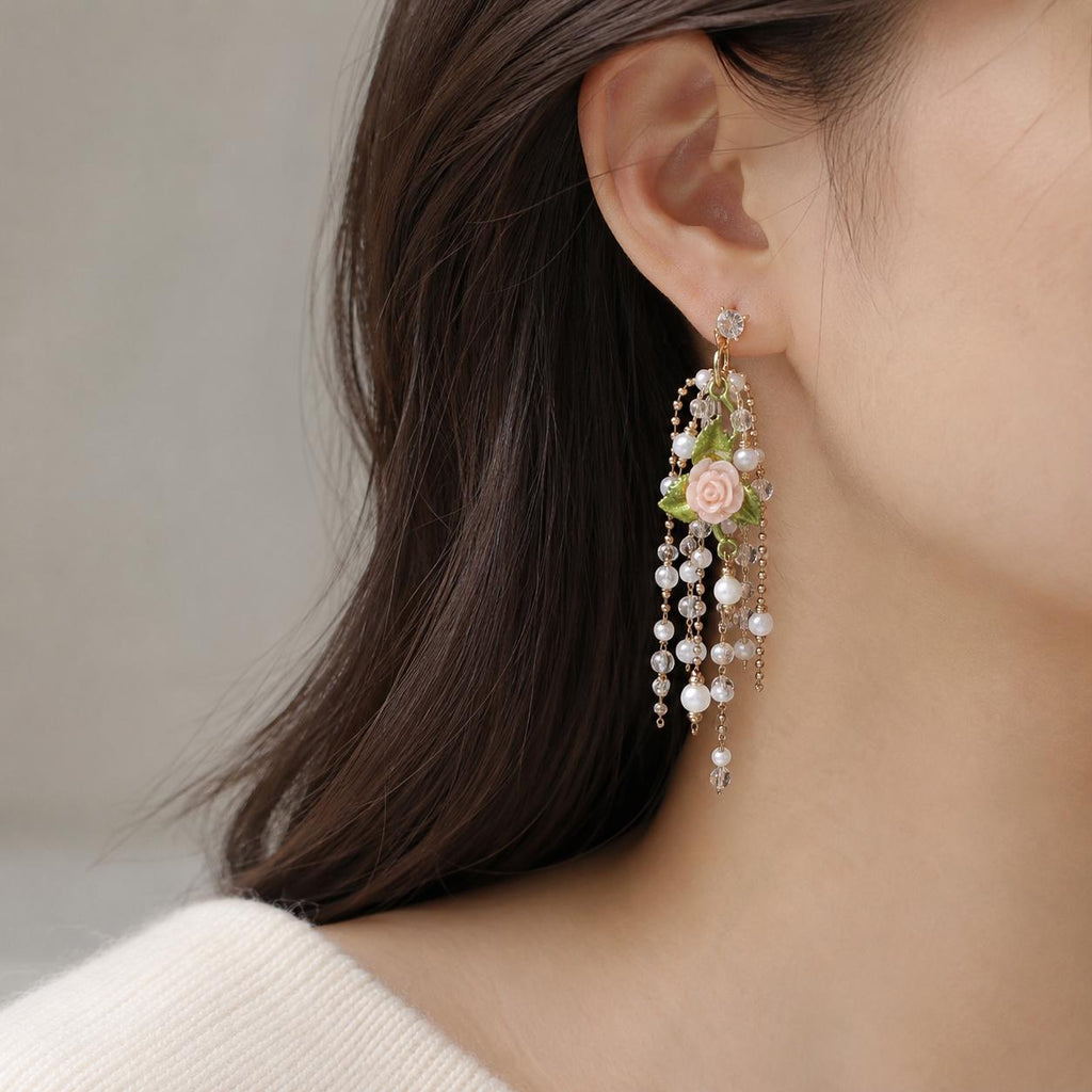 Pink Rose Flower Chandelier Earrings, Pearl Tassel Dangle Earrings, Victorian Garden Statement Jewelry, Romantic Gift for Her