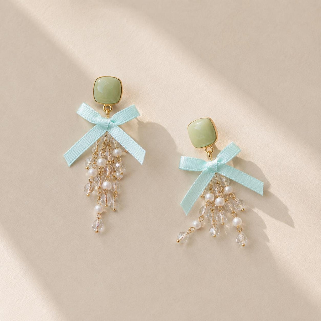 Sage Green Bow Earrings, Mint Tassel Dangle Earrings, Pearl Crystal Square Studs, Coquette Statement Jewelry, Gift for Her