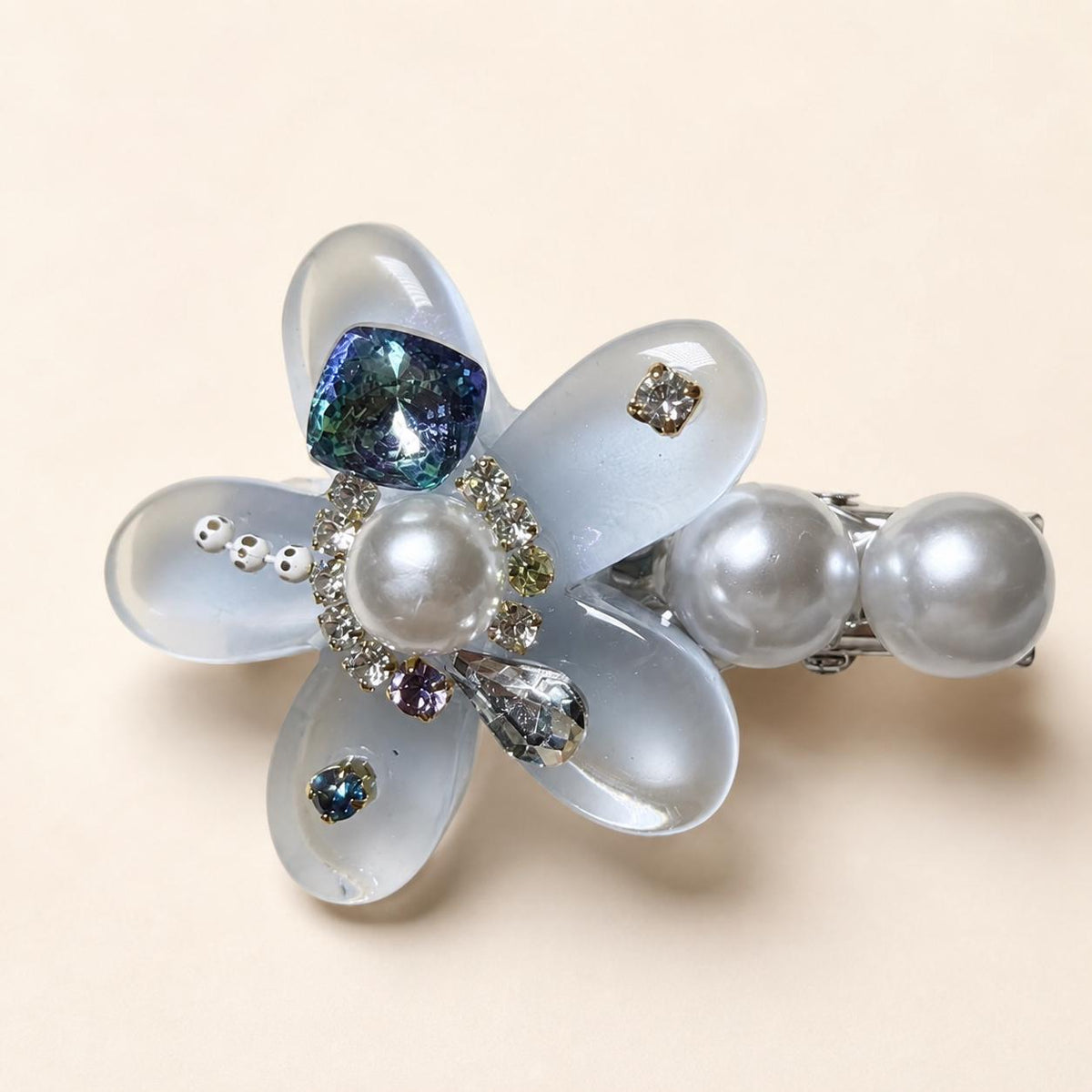 Frosted Resin Flower Hair Clip, Pearl Crystal Embellished Barrette, Coquette Floral Hair Accessory, Gift for Her