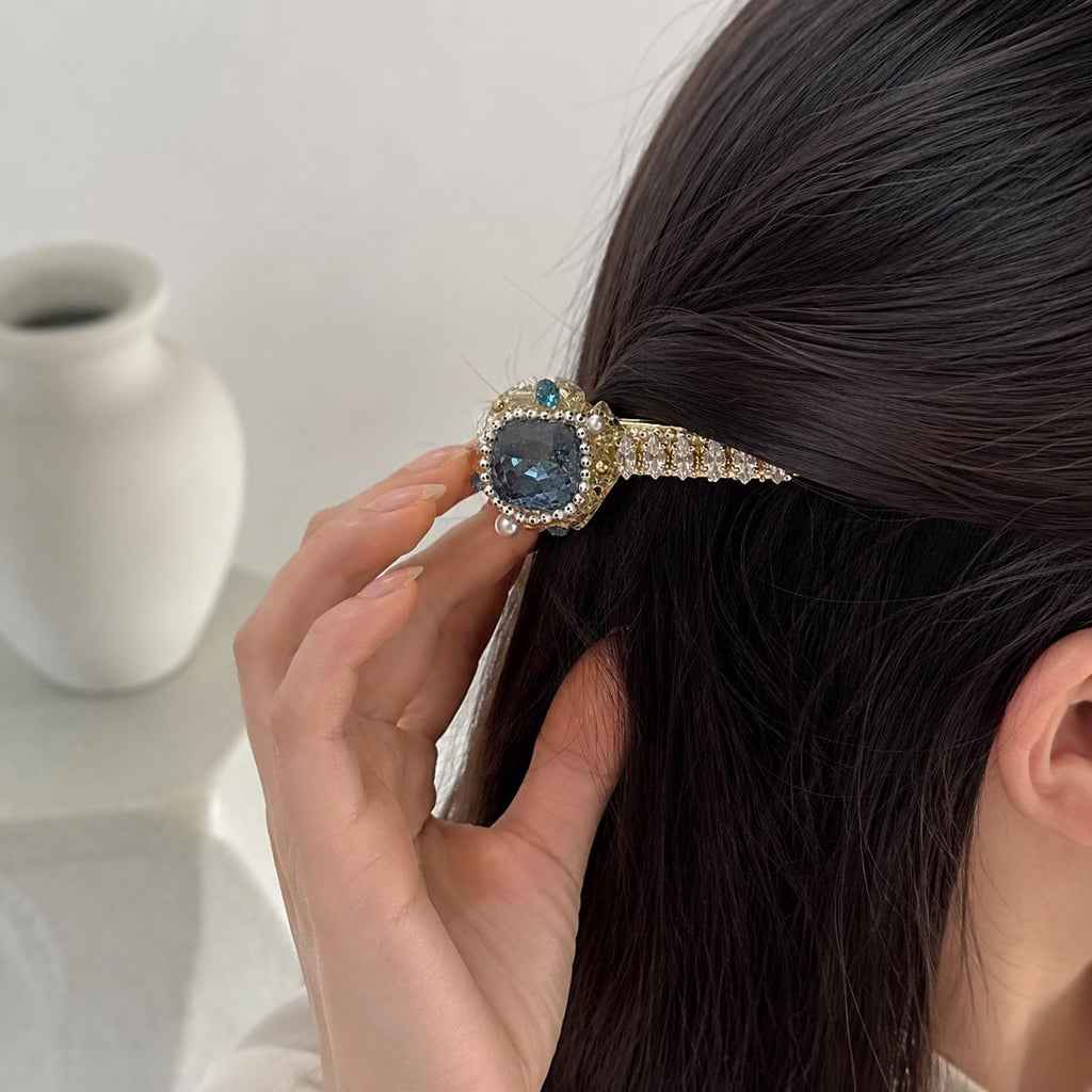 Blue Crystal Hair Clip, Marquise Baroque Barrette, Royal Blue Gem Alligator Clip, Elegant Hair Accessory, Gift for Her
