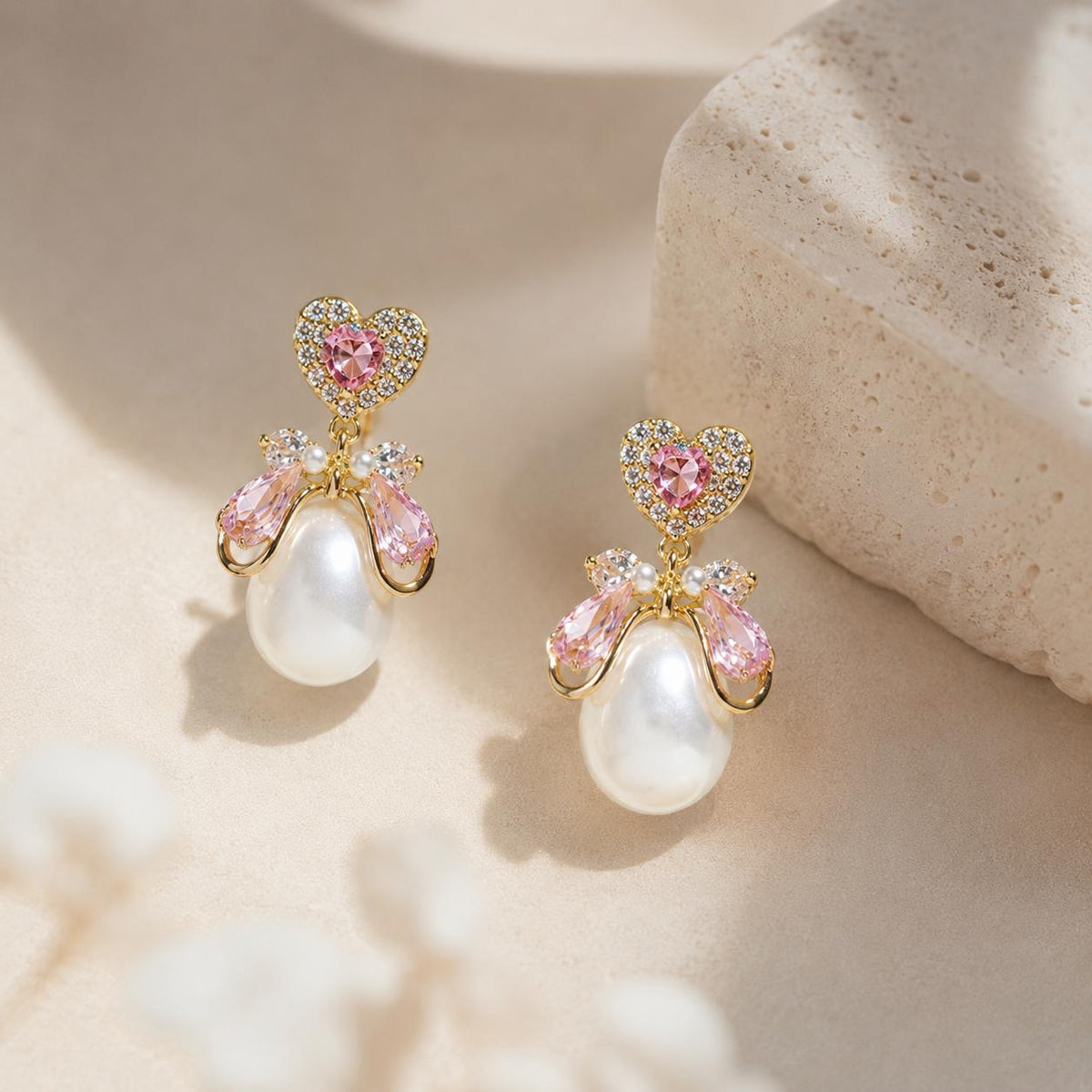Pink Heart Crystal Bowknot Pearl Dangle Earrings, Balletcore Coquette Statement Jewelry
