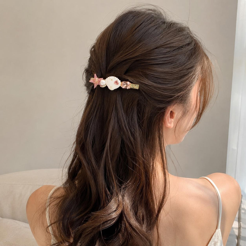Pink Starfish Hair Clip, White Sea Shell Barrette, Pastel Mermaidcore Alligator Pinch, Whimsical Coastal Beach Vacation Accessories