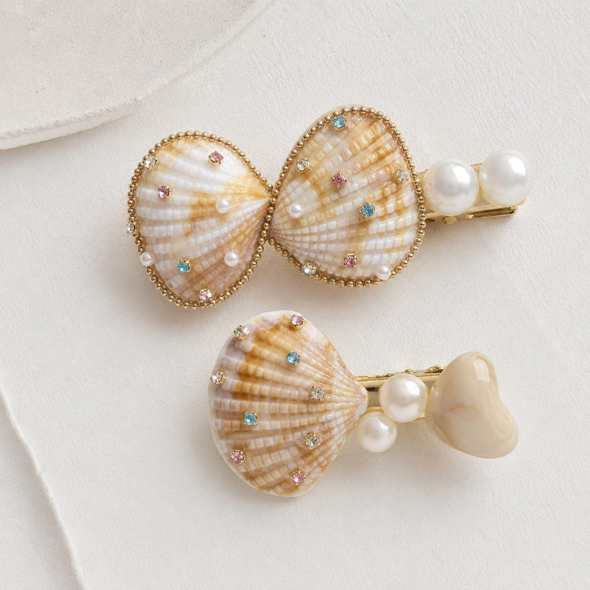 Natural Seashell Hair Clips, Mermaidcore Bow Barrette Set, Coastal Vacation Accessories