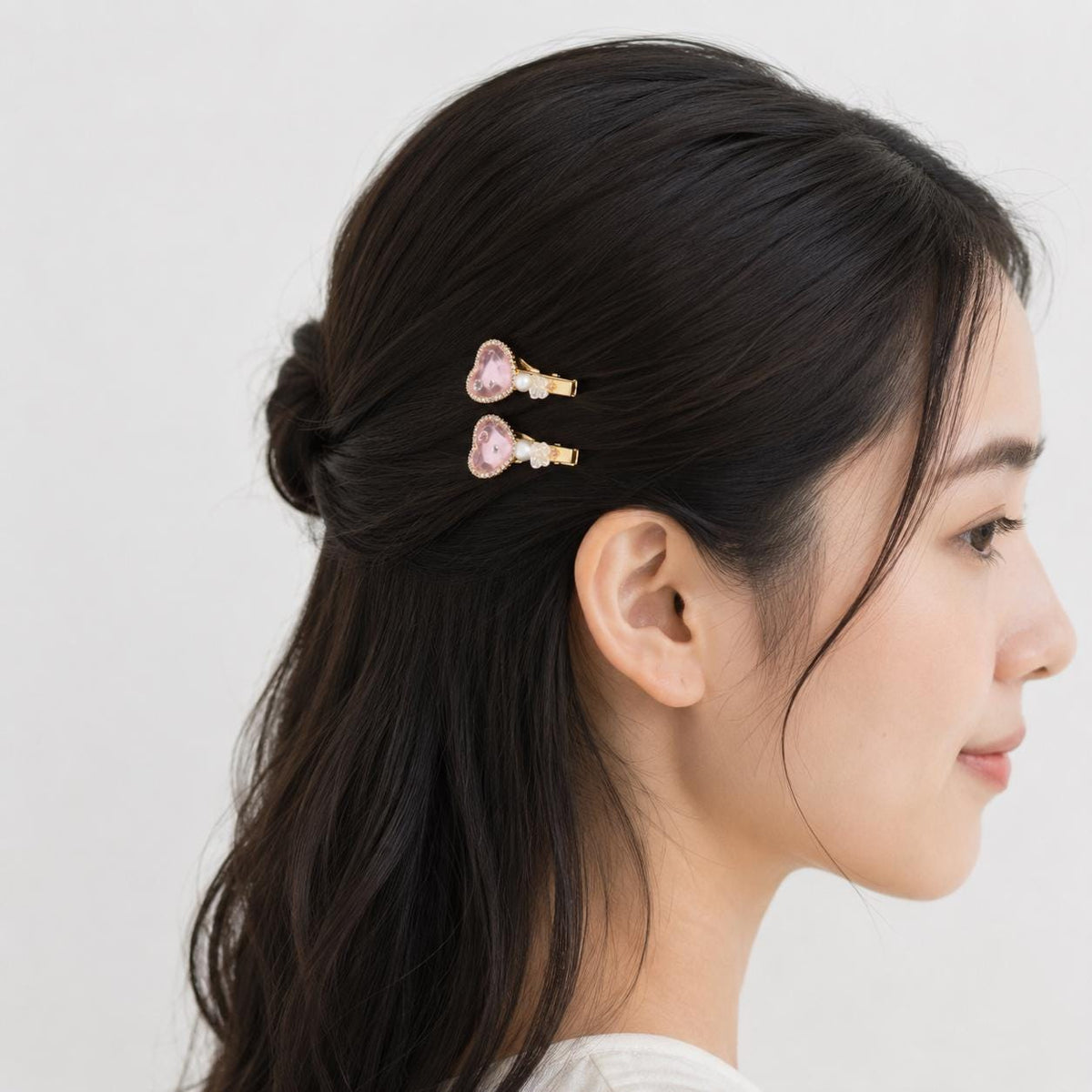 Pink Resin Heart Hair Clips, AB Rhinestone Bow Barrette Set, Pastel Butterfly Pearl Pinch