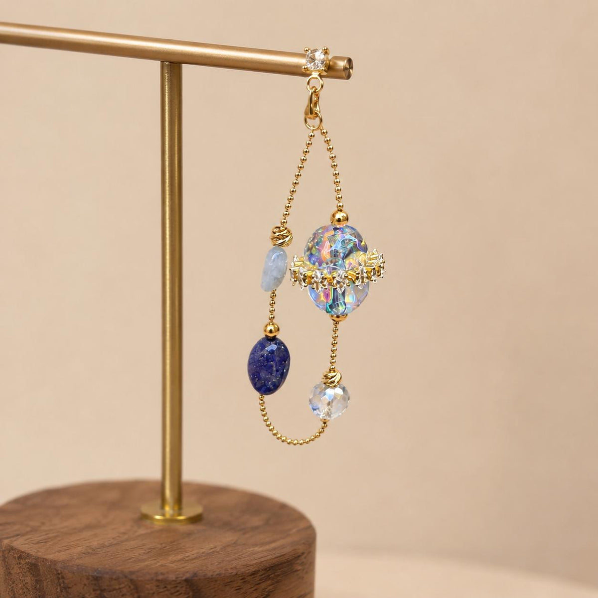 Iridescent Blue Dangle Earrings, Gold Butterfly Chain Earrings, Fairycore Crystal Drop Earrings, Handmade Beaded Jewelry Gift for Her