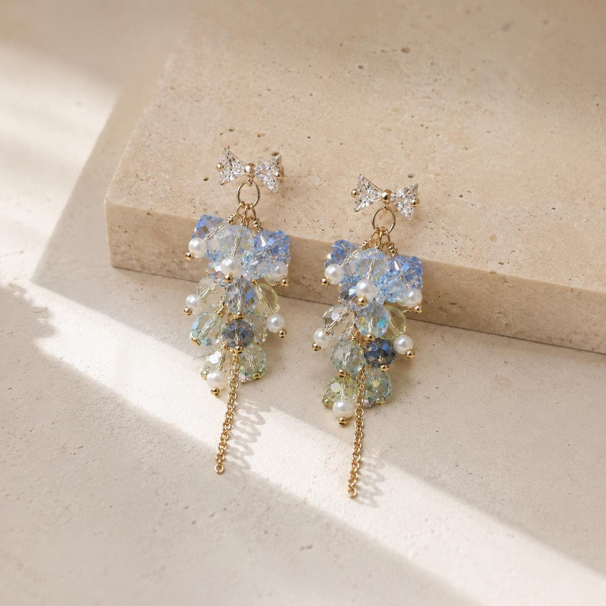 Light Blue Crystal Cluster Earrings, Rhinestone Bowknot Studs, Pearl Tassel Jewelry