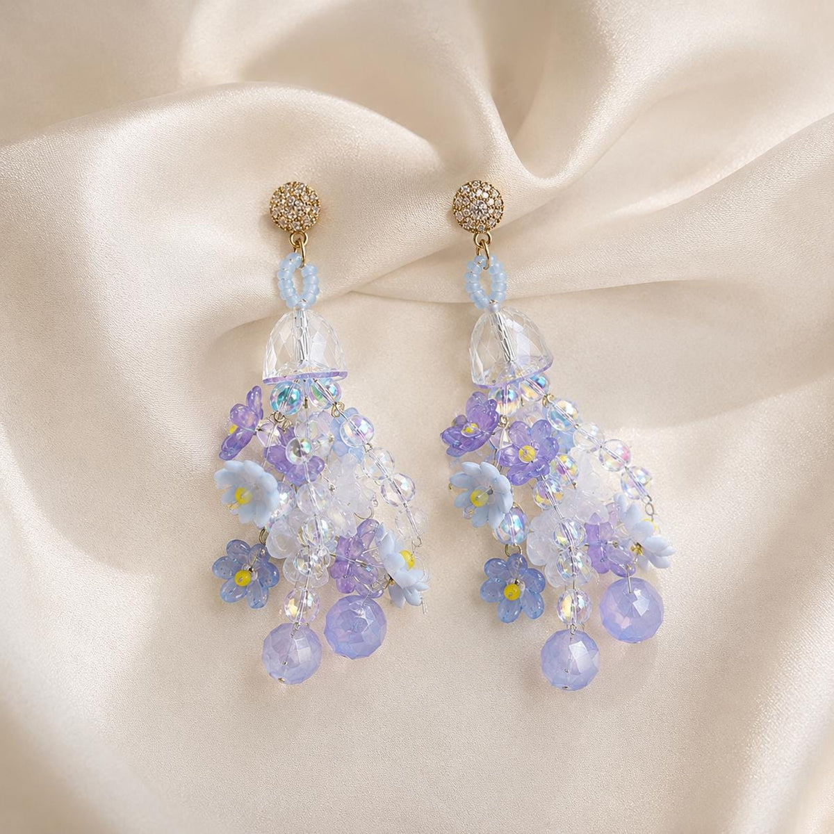Pastel Blue Forget Me Not Chandelier Earrings, 3D Acrylic Flower Tassel Dangle